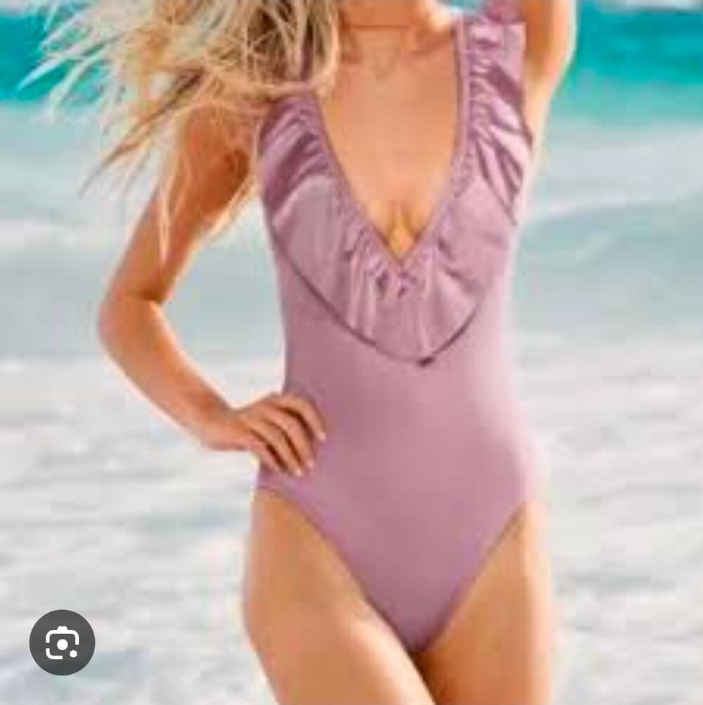 Victoria's Secret Ruffle One Piece Plunge Swimsuit PINK Swim High Cut L NWOT - Picture 1 of 7